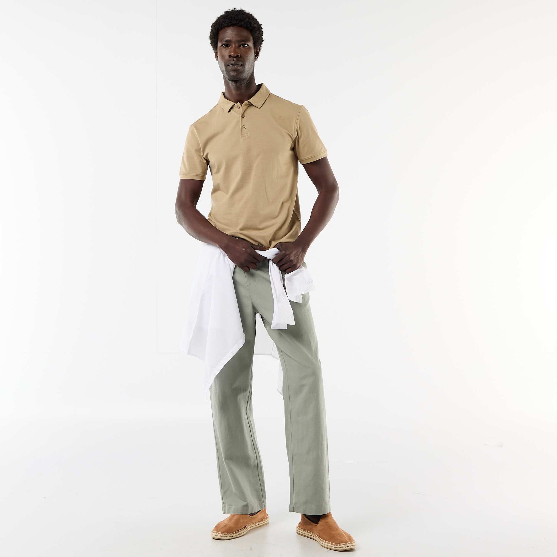 Polo homme en maille nid d'abeille à zip BEIGE