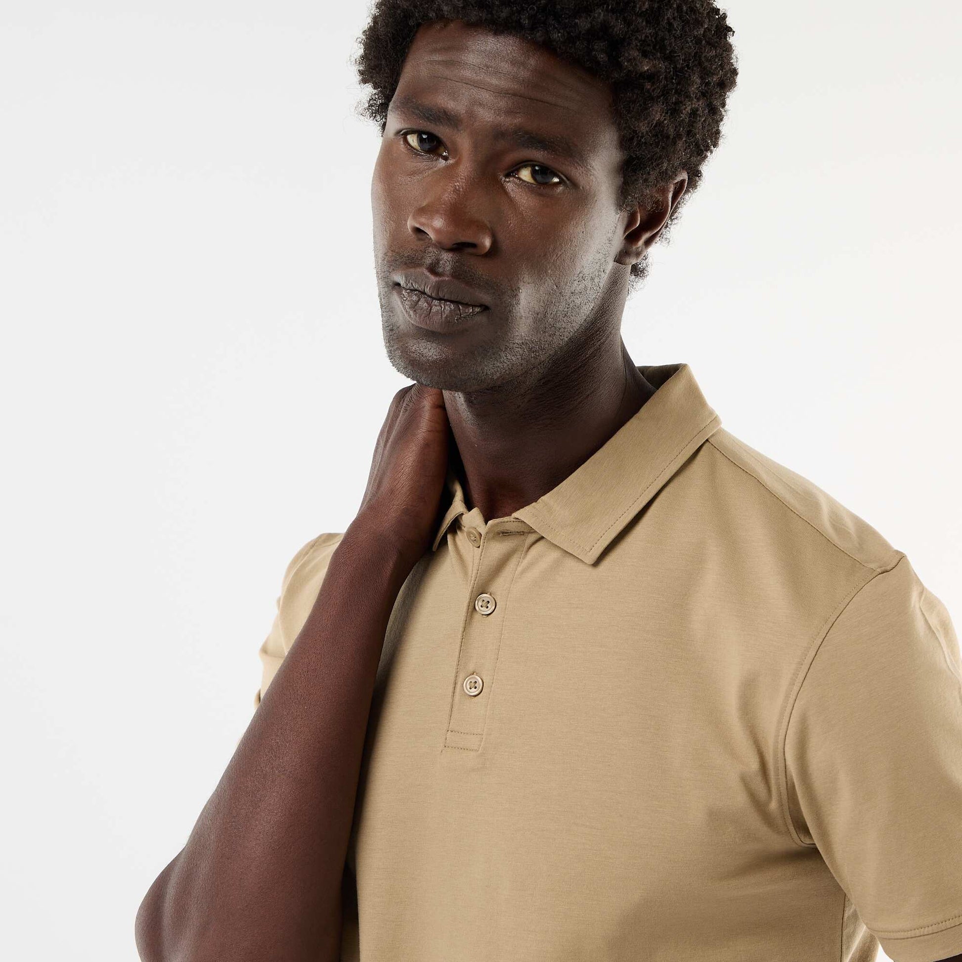 Polo homme en maille nid d'abeille à zip BEIGE