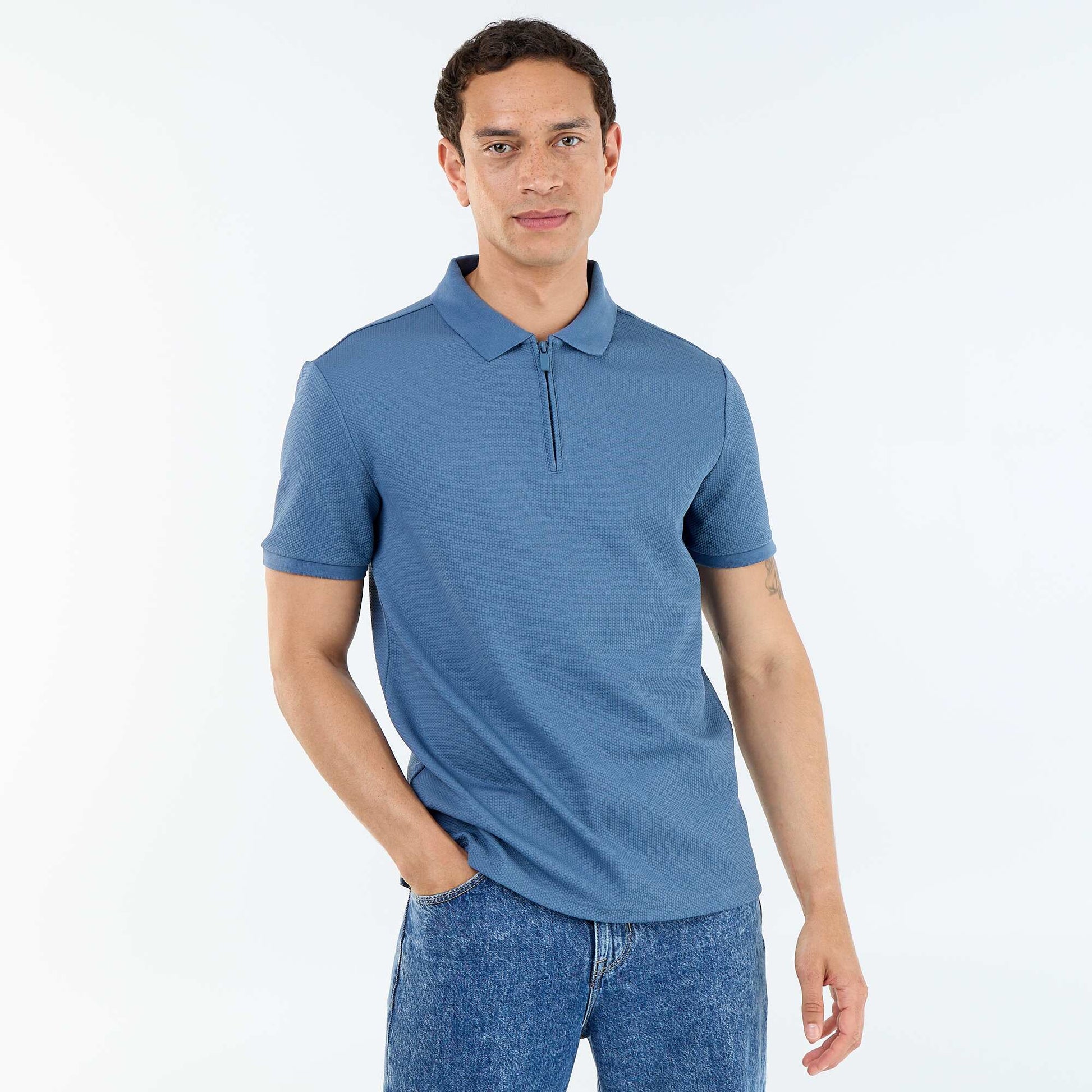 polo en nid d'abeilles avec col zippé BLEU
