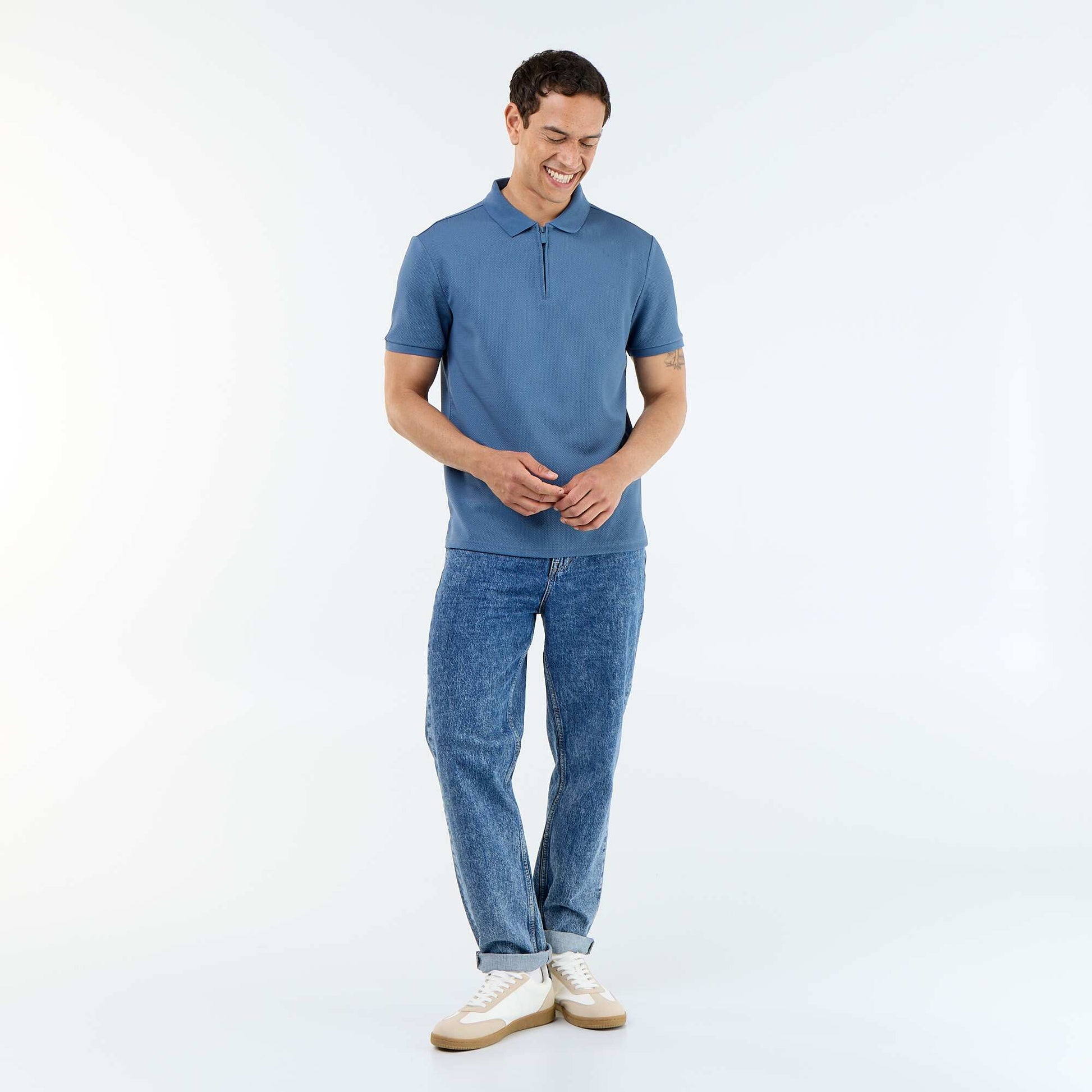 polo en nid d'abeilles avec col zippé BLEU