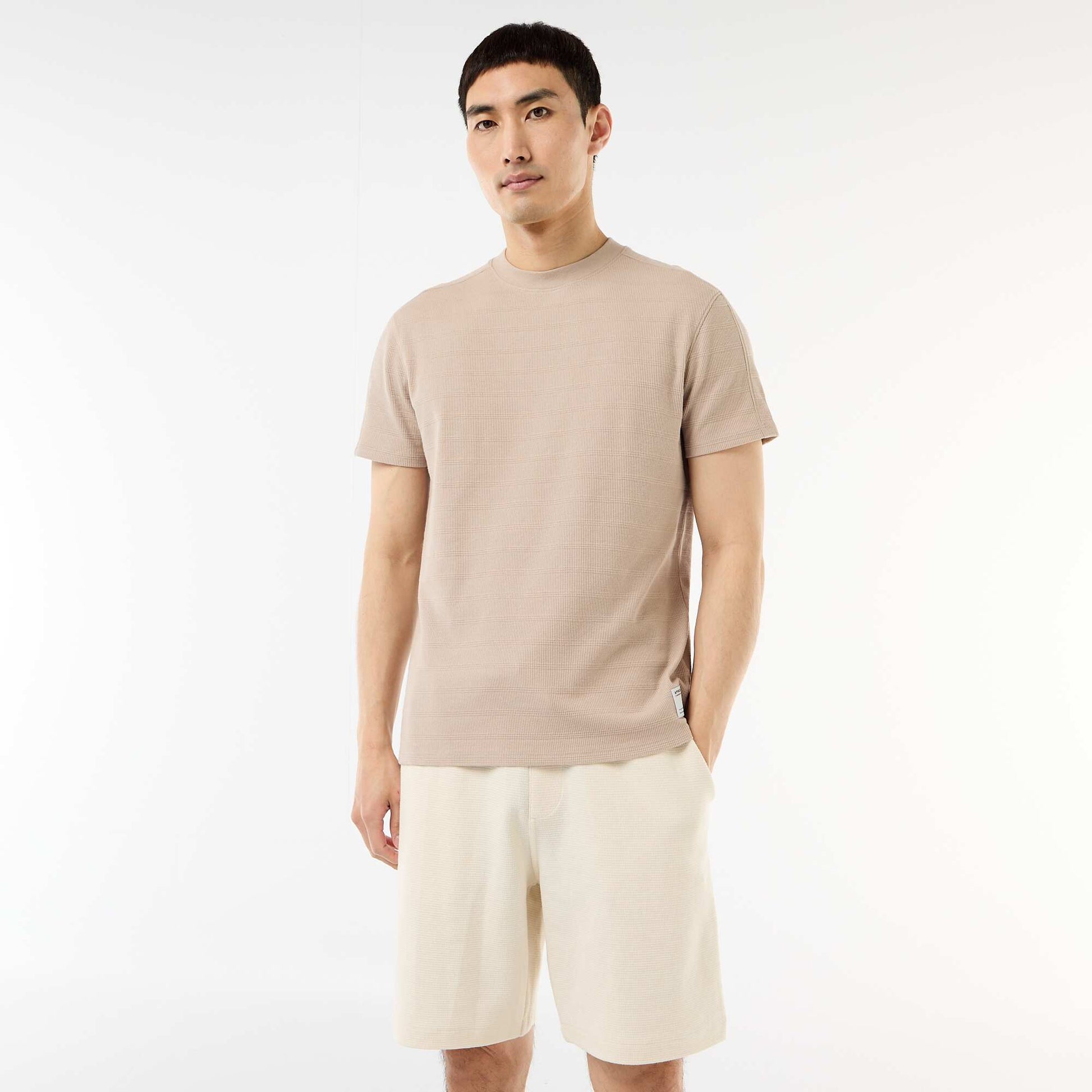 T-shirt à col rond et manches courtes en nid d'abeilles BEIGE