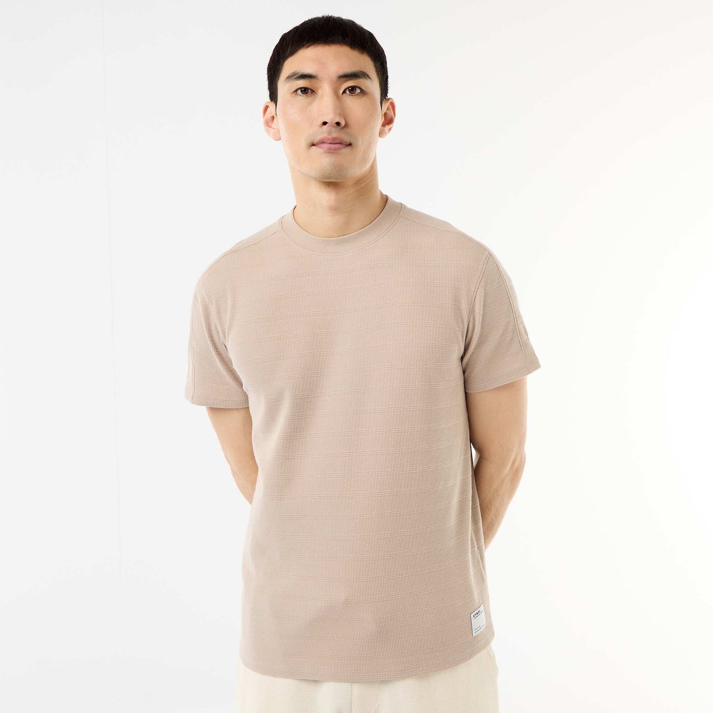 T-shirt à col rond et manches courtes en nid d'abeilles BEIGE