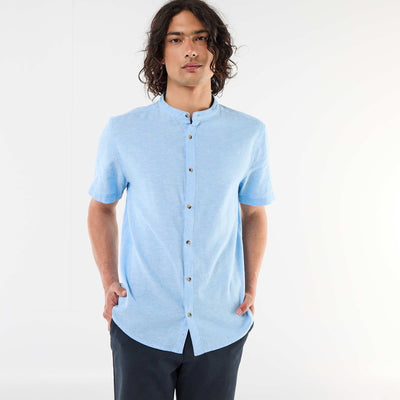 Chemise unie à manches courtes et col mao en lin mélangé BLEU