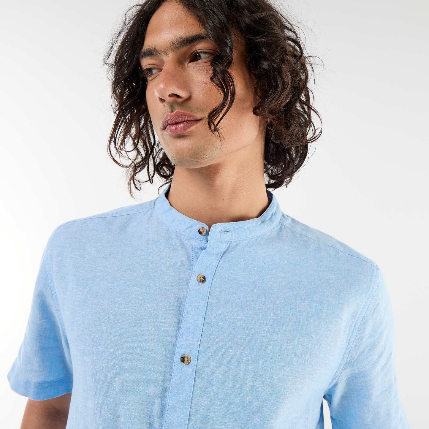 Chemise unie à manches courtes et col mao en lin mélangé BLEU