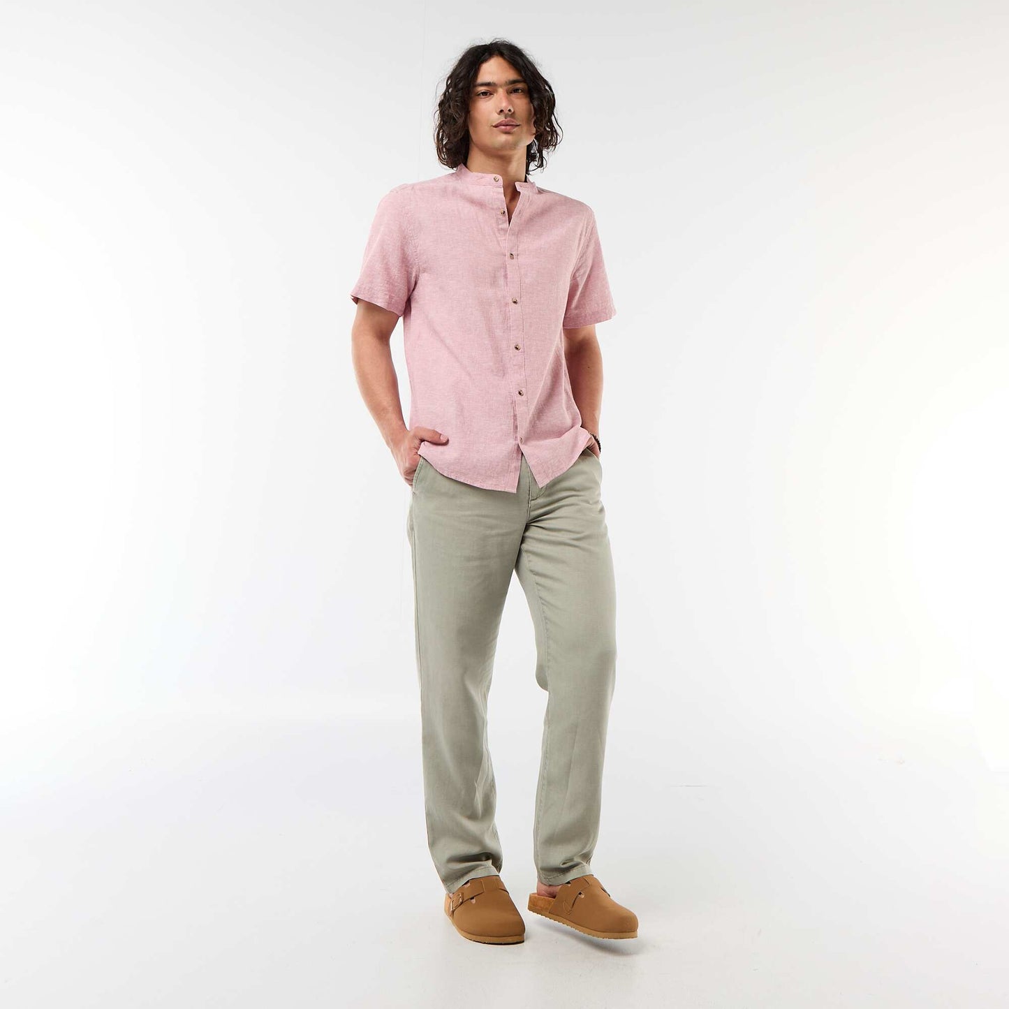 Chemise unie à manches courtes et col mao en lin mélangé ROSE