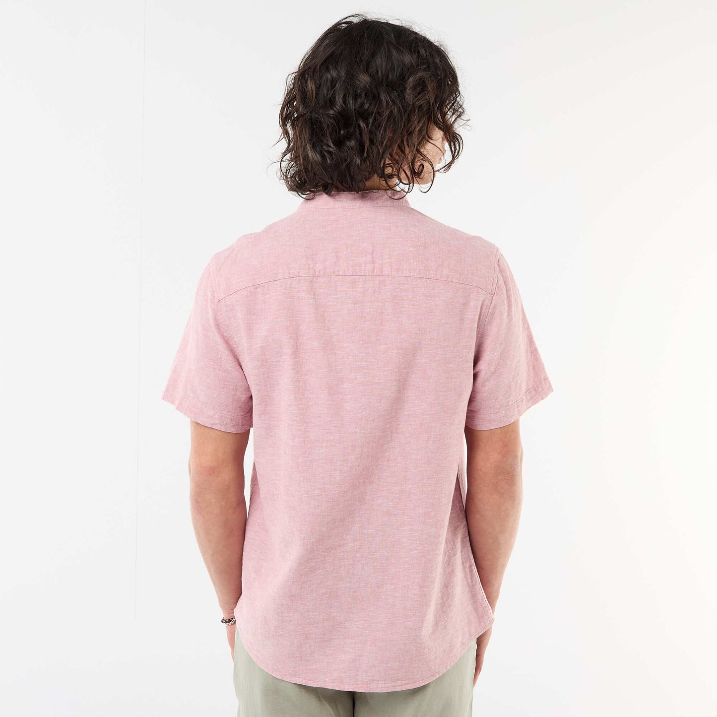 Chemise unie à manches courtes et col mao en lin mélangé ROSE