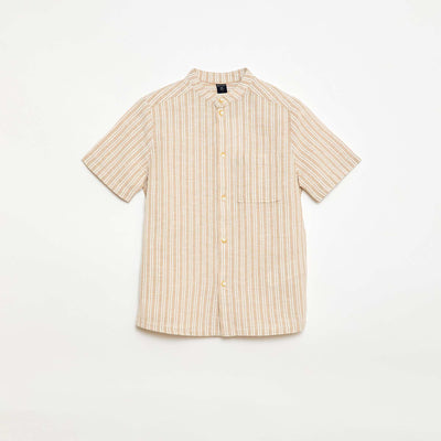Chemise à col mao à manches courtes en coton et lin BEIGE