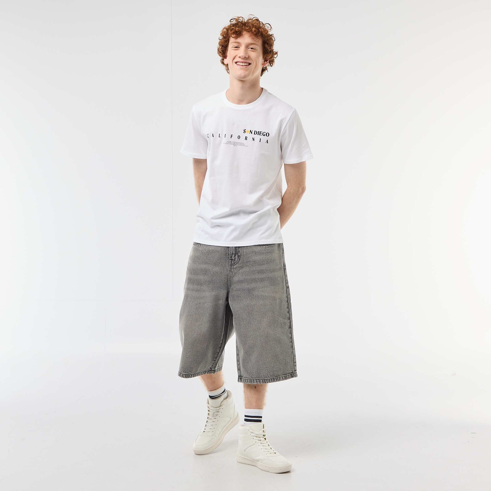 T-shirt col rond imprimé en coton BLANC
