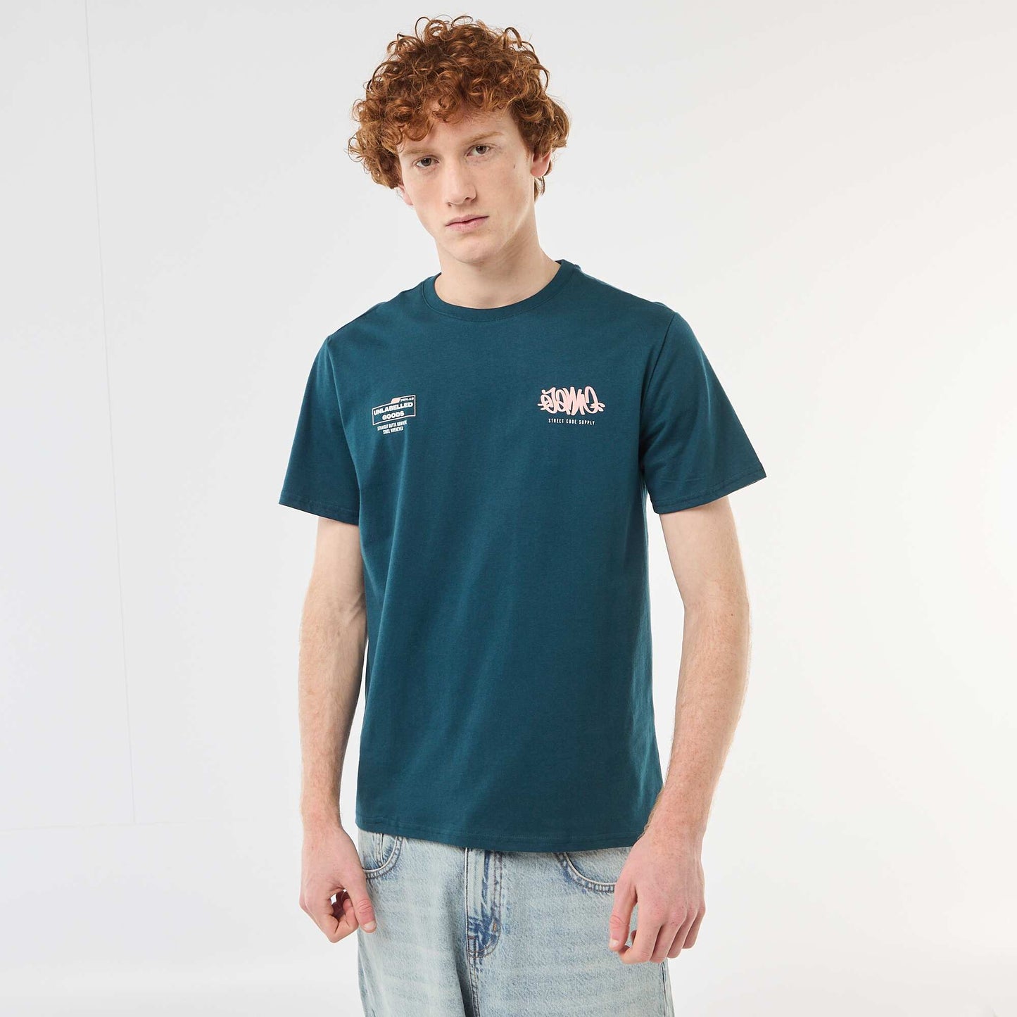 T-shirt col rond imprimé en coton BLEU