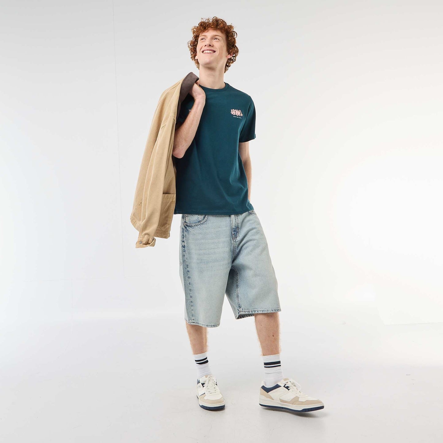 T-shirt col rond imprimé en coton BLEU