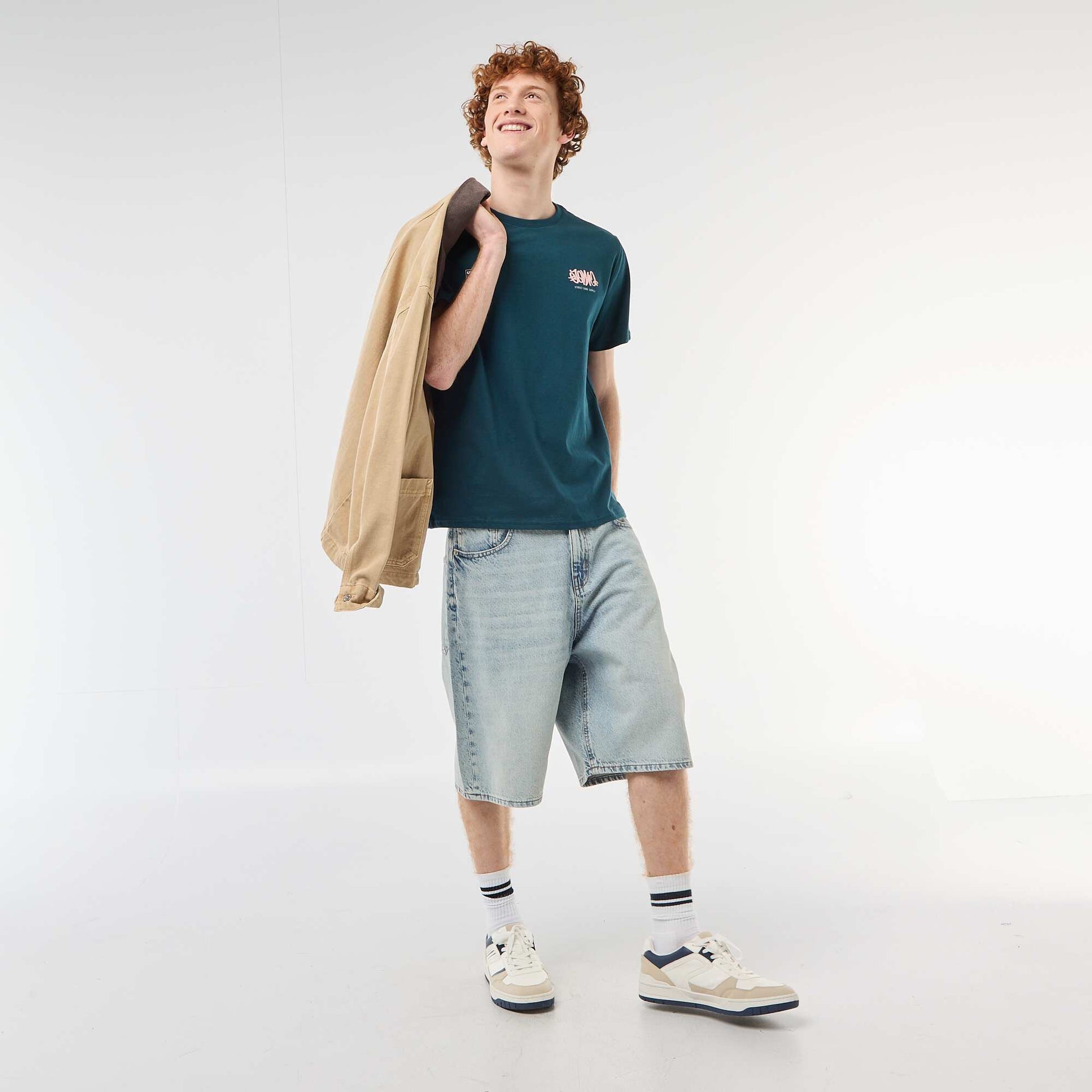 T-shirt col rond imprimé en coton BLEU