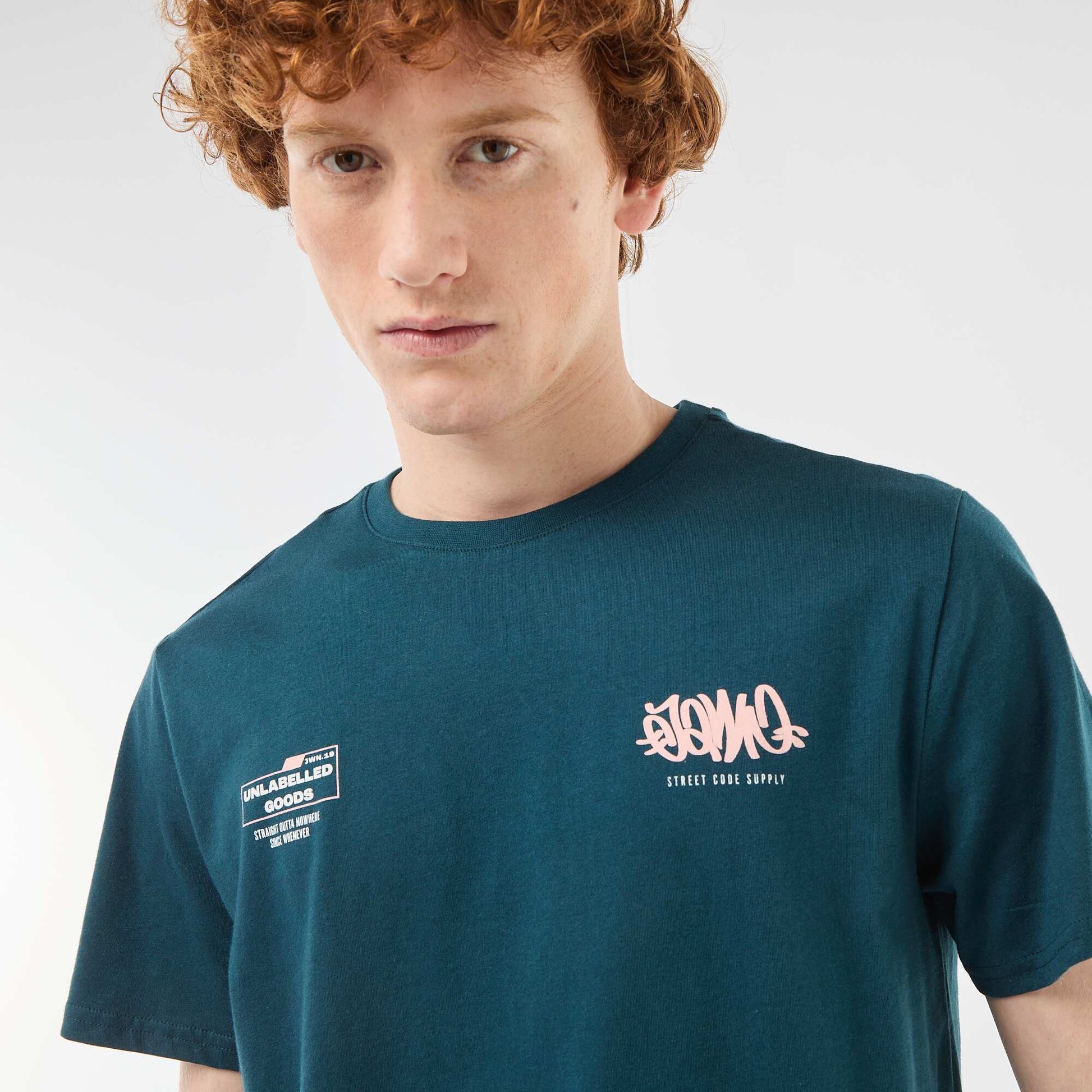 T-shirt col rond imprimé en coton BLEU