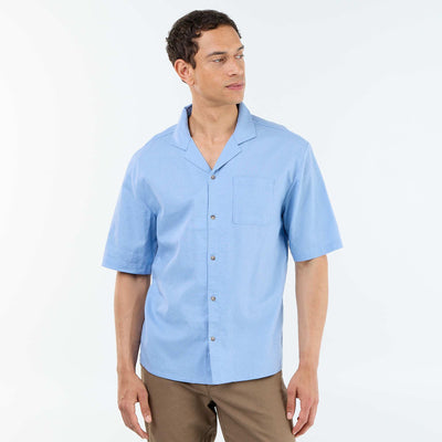 Chemise à manches courtes en lin mélangé avec poche poitrine BLEU