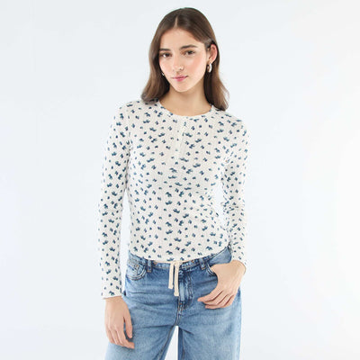 Tee-shirt maille pointelle fleuri BLANC