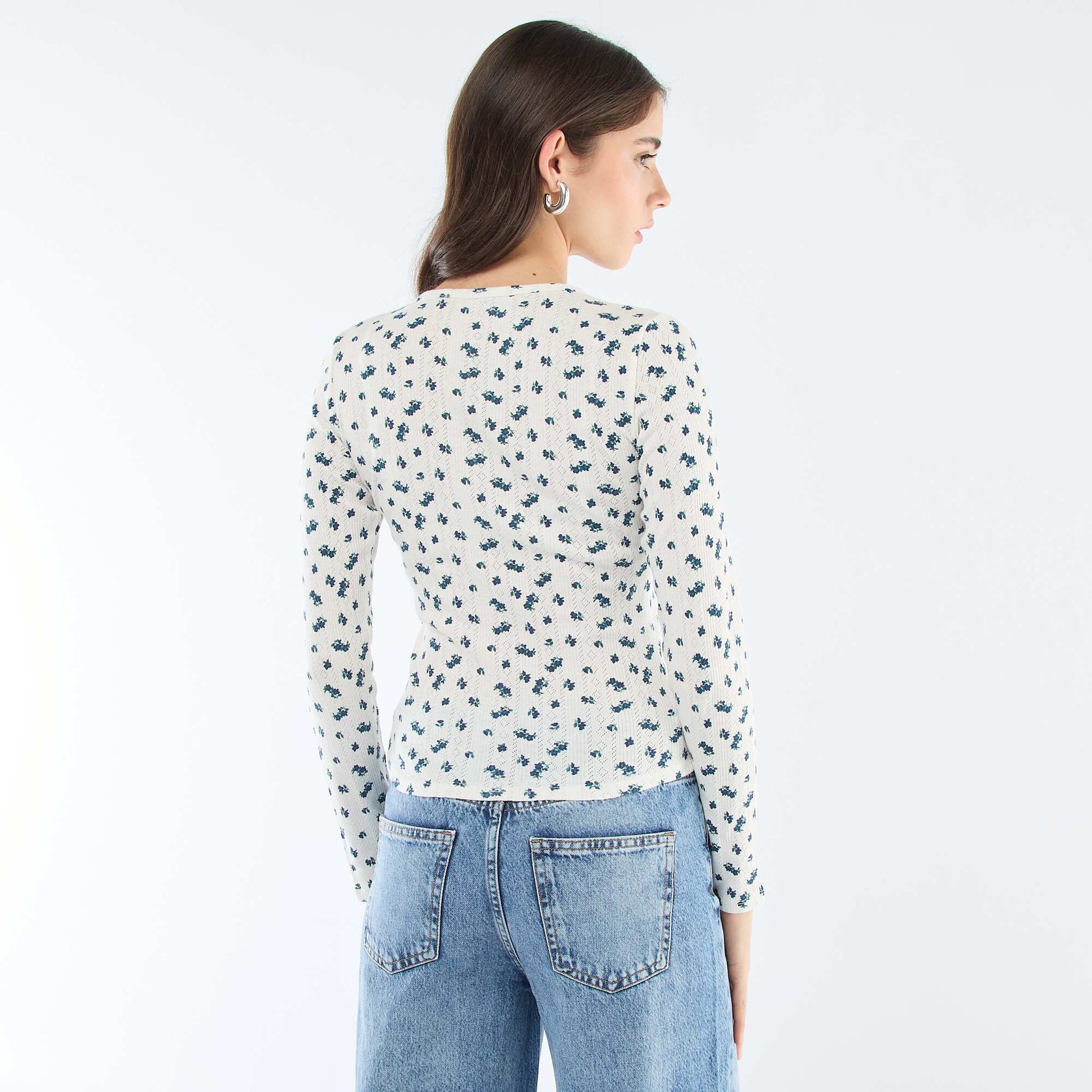 Tee-shirt maille pointelle fleuri BLANC
