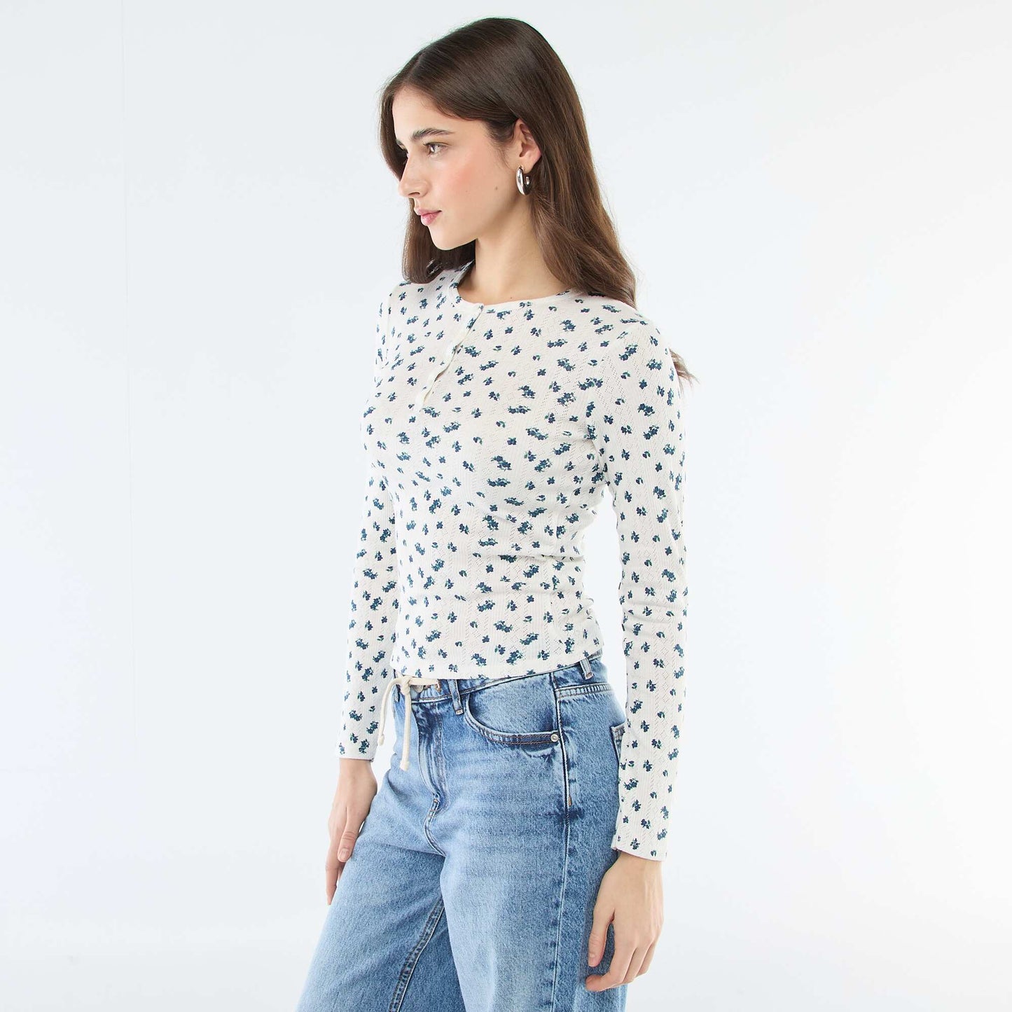 Tee-shirt maille pointelle fleuri BLANC