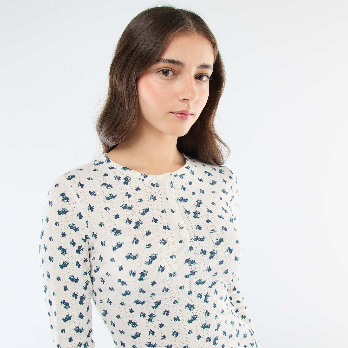 Tee-shirt maille pointelle fleuri BLANC