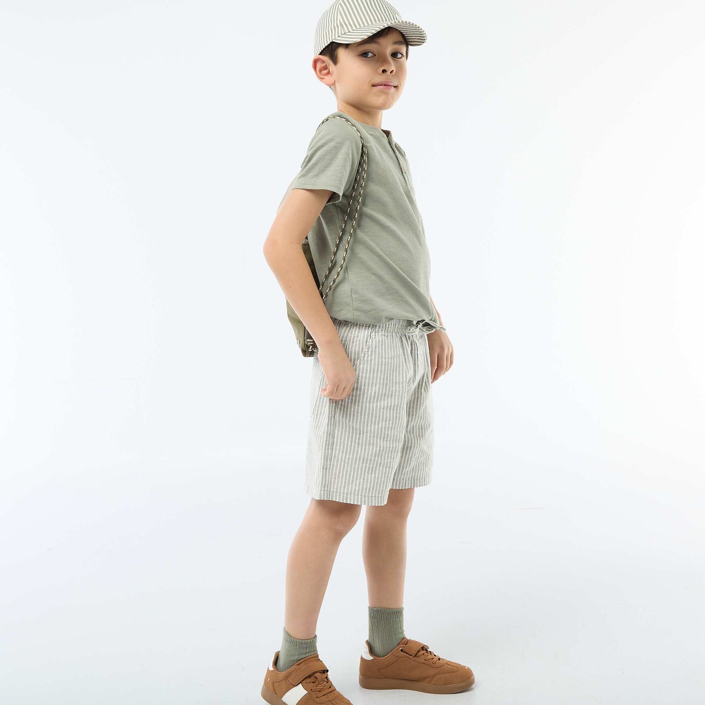 Short rayé léger en lin mélangé KAKI