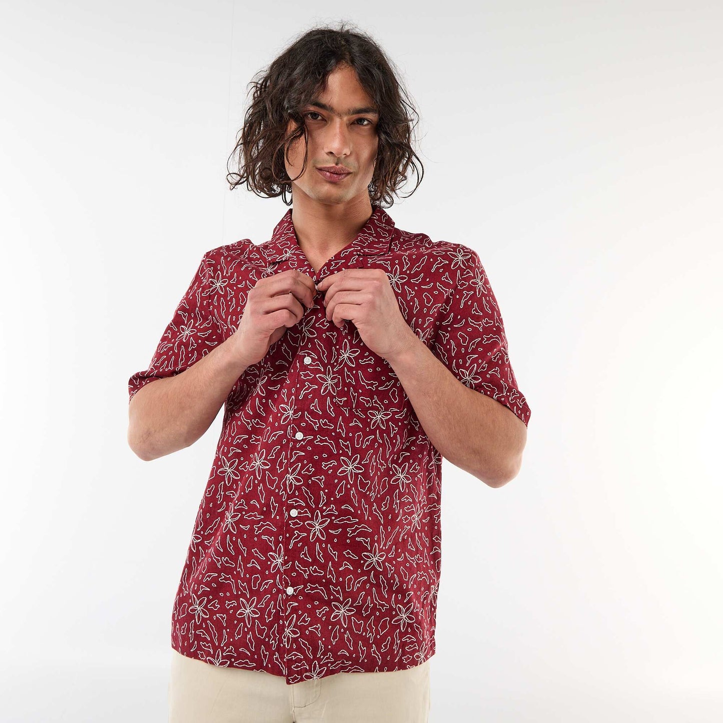 Chemise en lin mélangé à manches courtes ROUGE