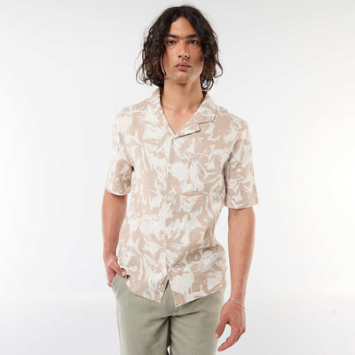 Chemise en lin mélangé à manches courtes BLANC