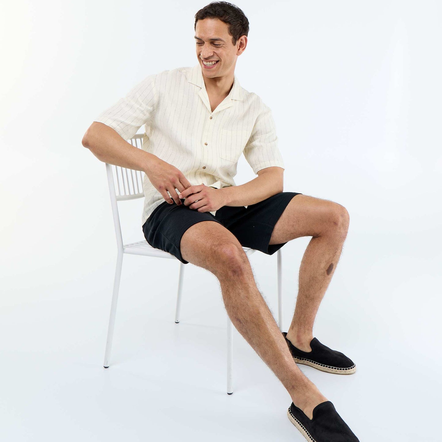 Chemise en lin mélangé à manches courtes BLANC