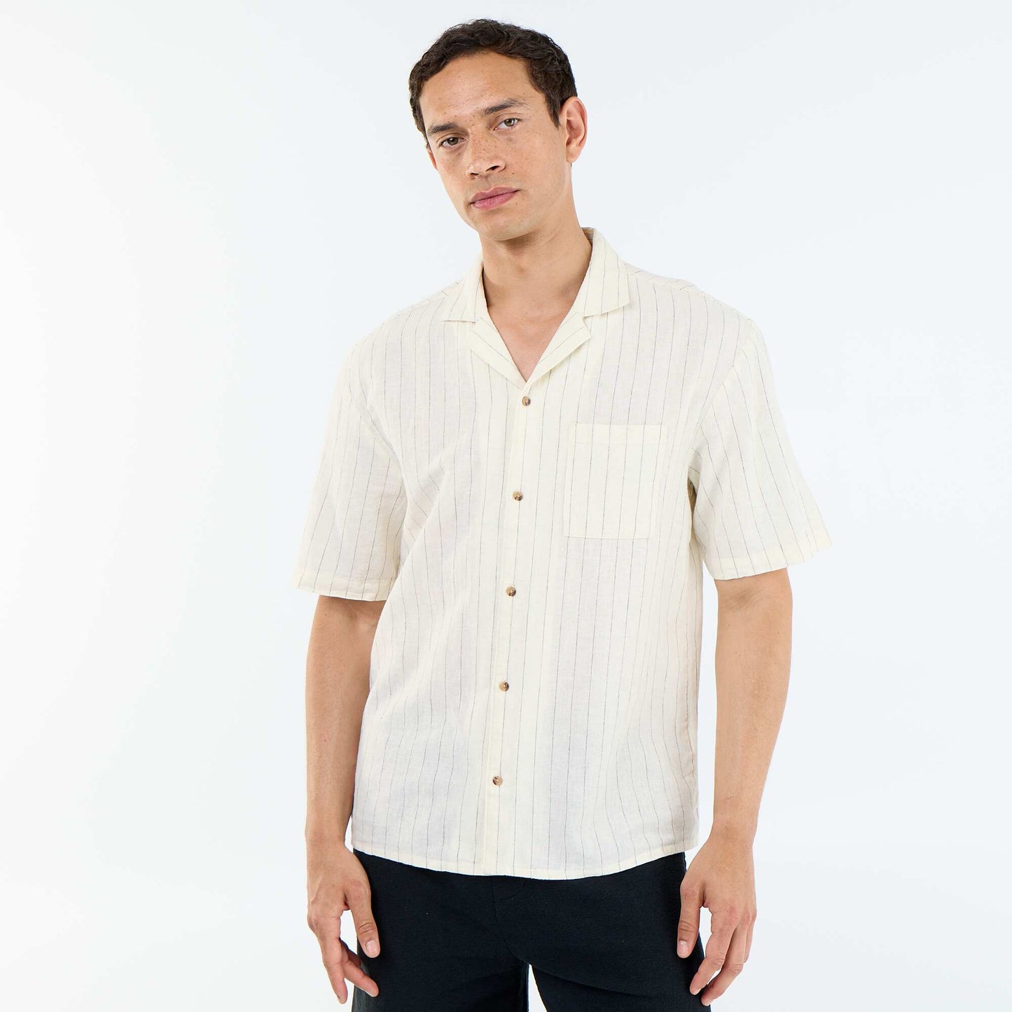 Chemise en lin mélangé à manches courtes BLANC