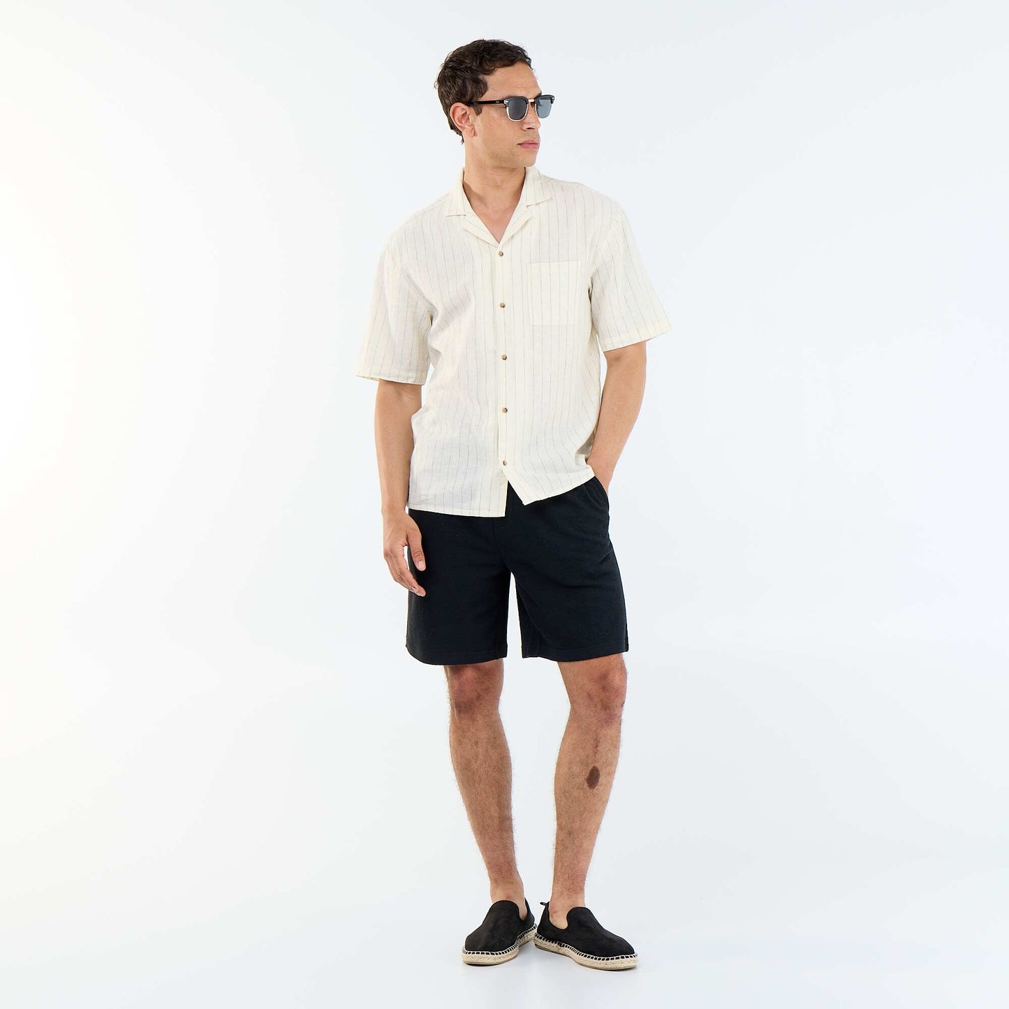 Chemise en lin mélangé à manches courtes BLANC