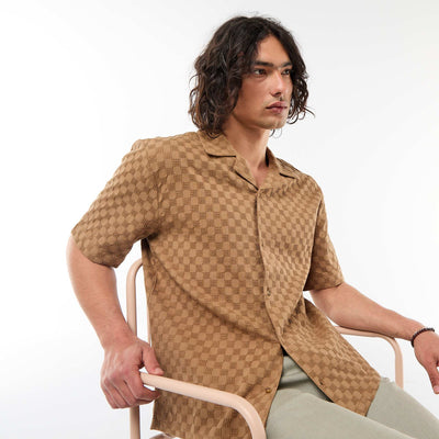 Chemise en maille fantaisie à manches courtes MARRON