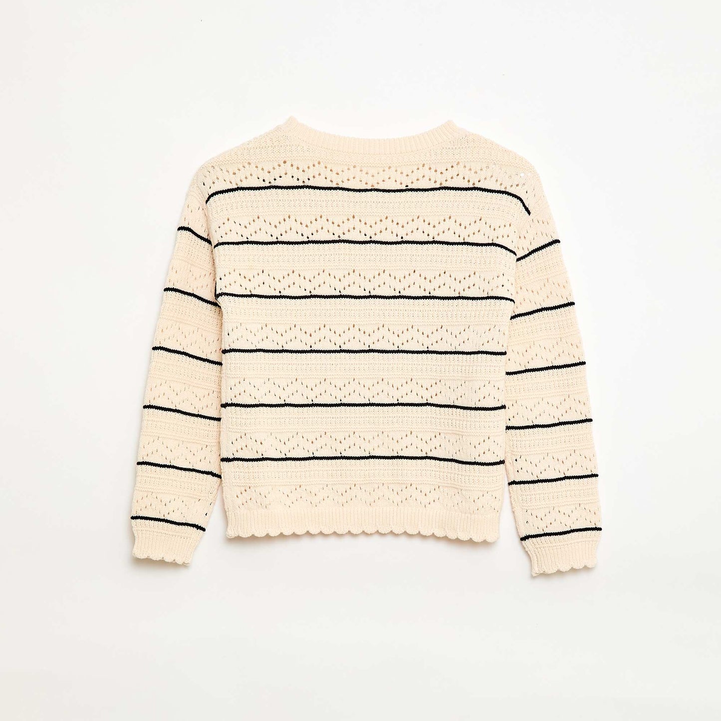 Pull col rond maillé fantaisie avec motifs ajourés en coton BLANC