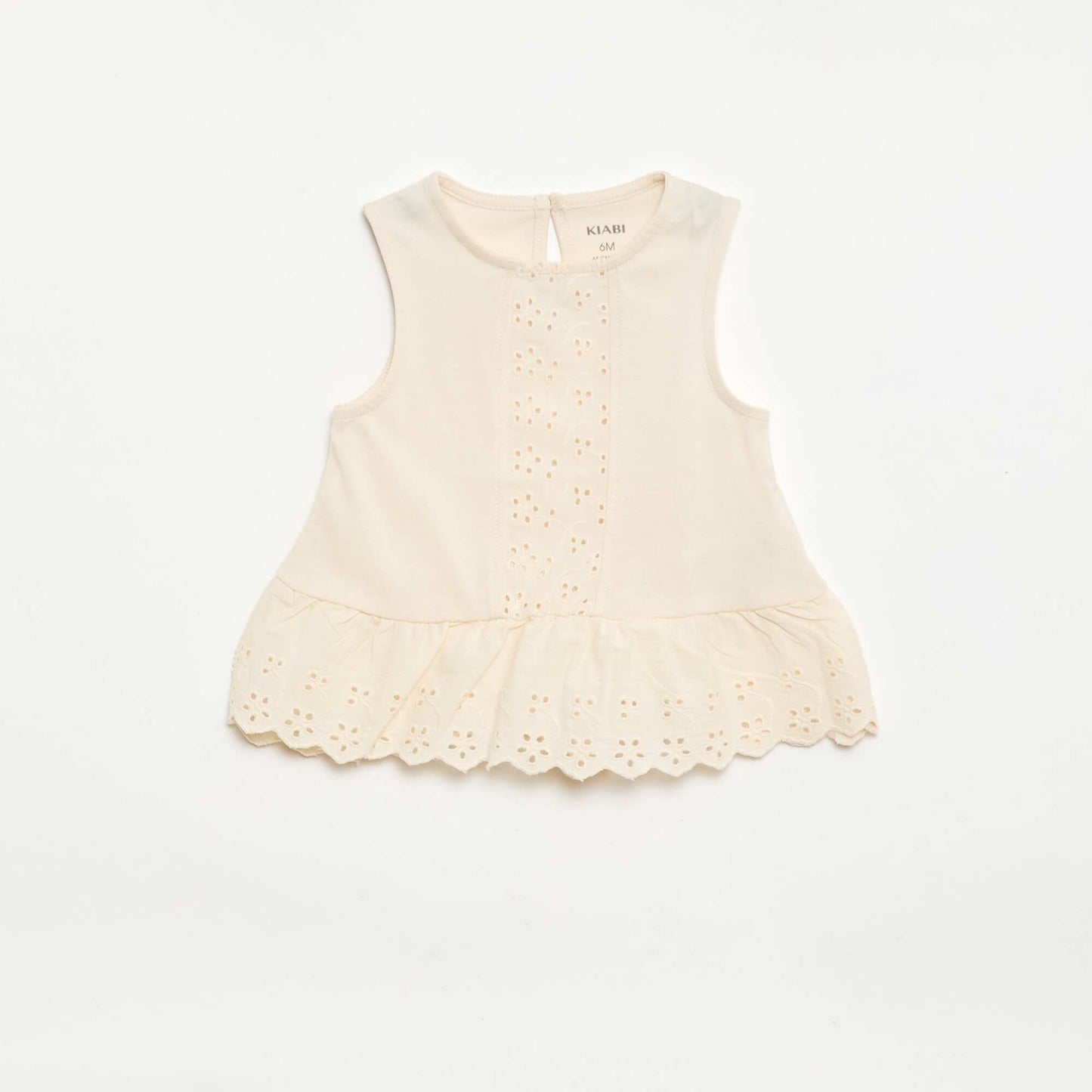 T-shirt sans manches en jersey de coton et détails en broderie anglaise ECRU