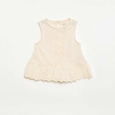 T-shirt sans manches en jersey de coton et détails en broderie anglaise ECRU