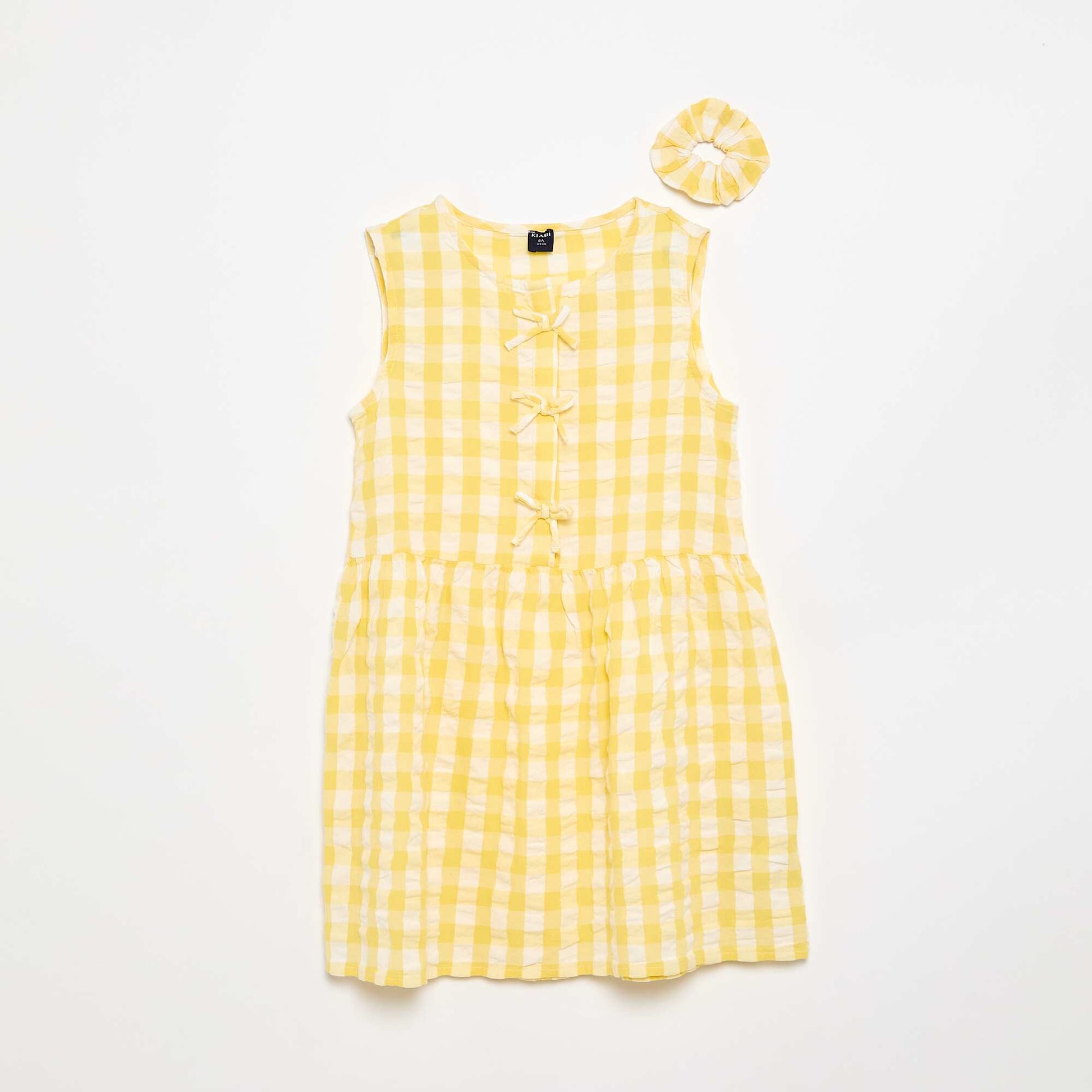 Robe vichy à manches courtes avec nœud + chouchou JAUNE
