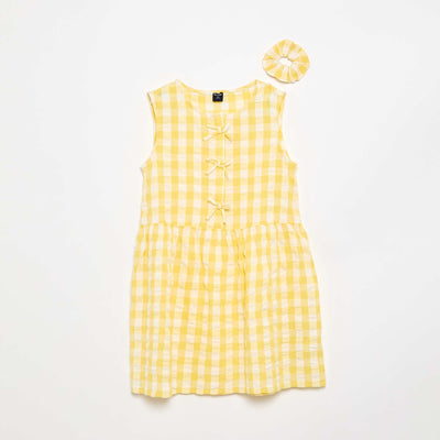 Robe vichy à manches courtes avec nœud + chouchou JAUNE