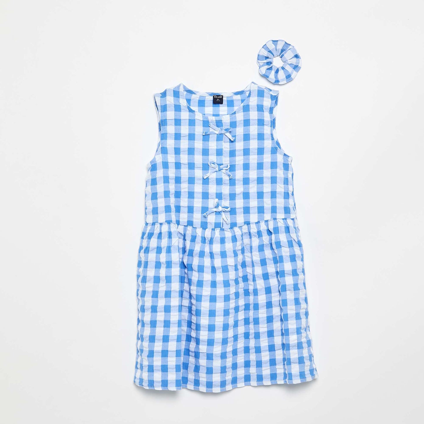 Robe vichy à manches courtes avec nœud + chouchou BLEU