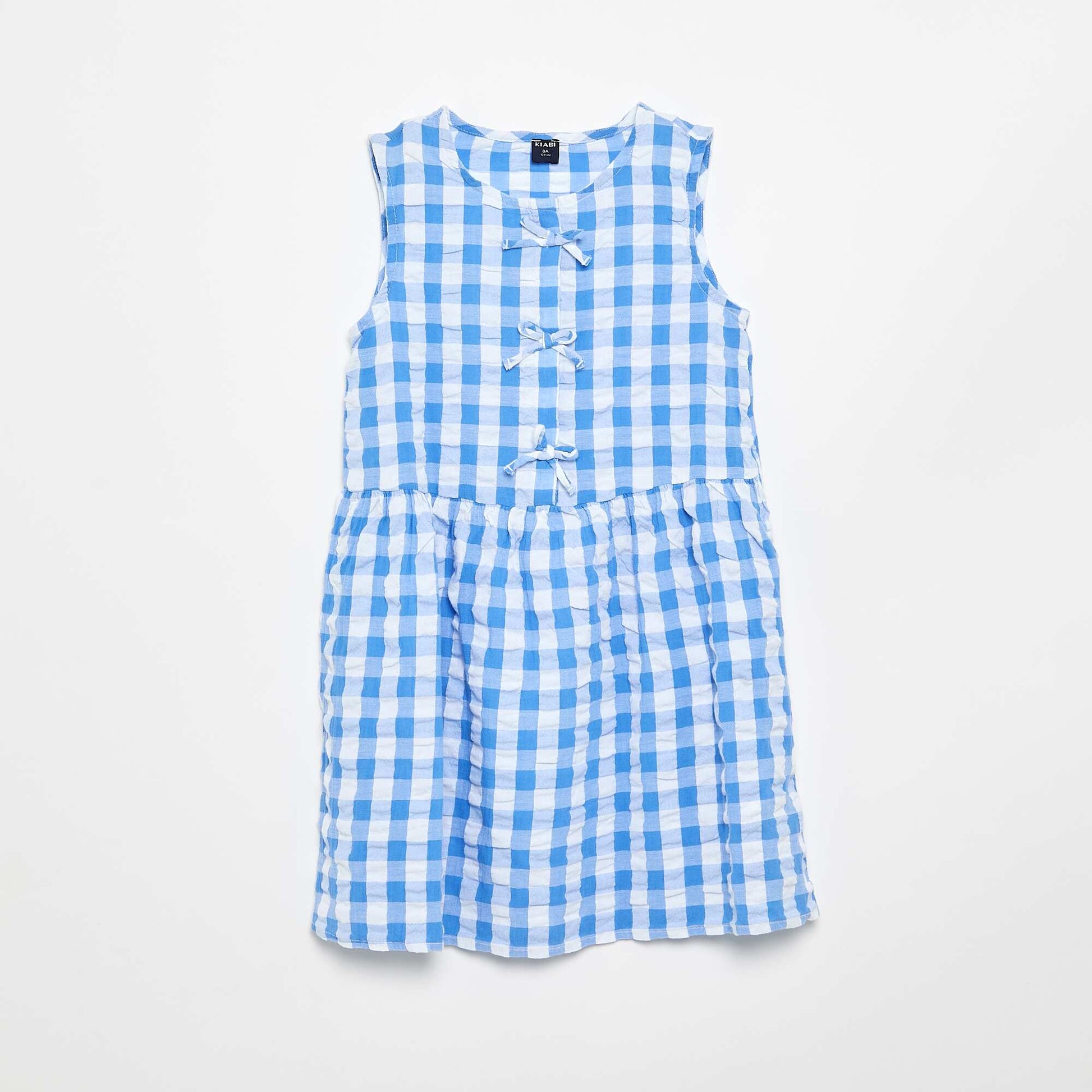 Robe vichy à manches courtes avec nœud + chouchou BLEU