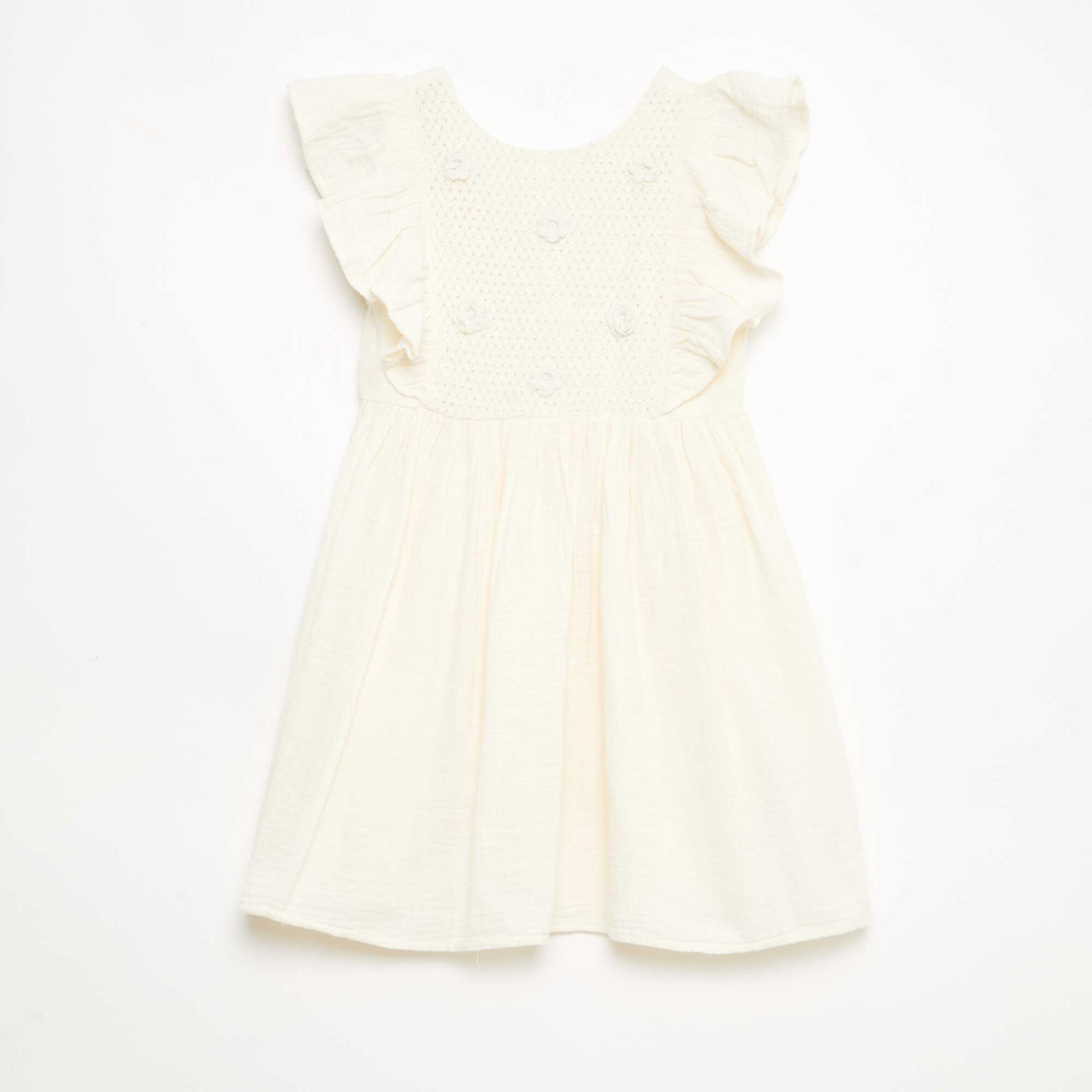 Robe manches courtes avec broderies au col en coton BLANC