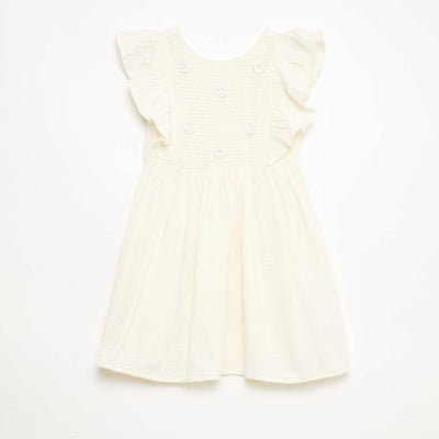 Robe manches courtes avec broderies au col en coton BLANC