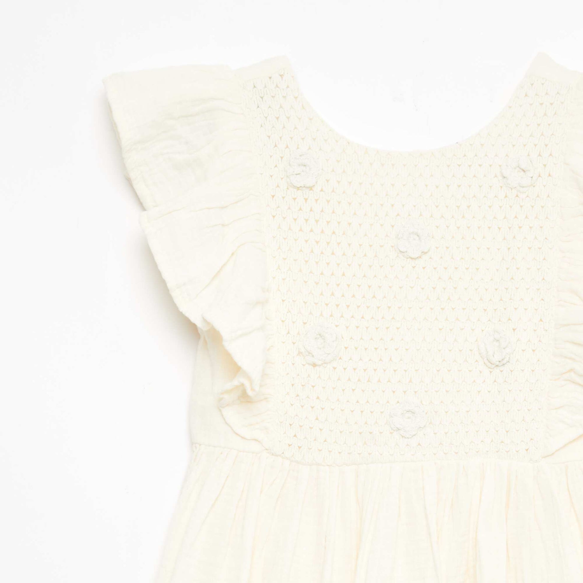 Robe manches courtes avec broderies au col en coton BLANC