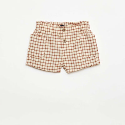 Short à carreaux en coton et lin MARRON