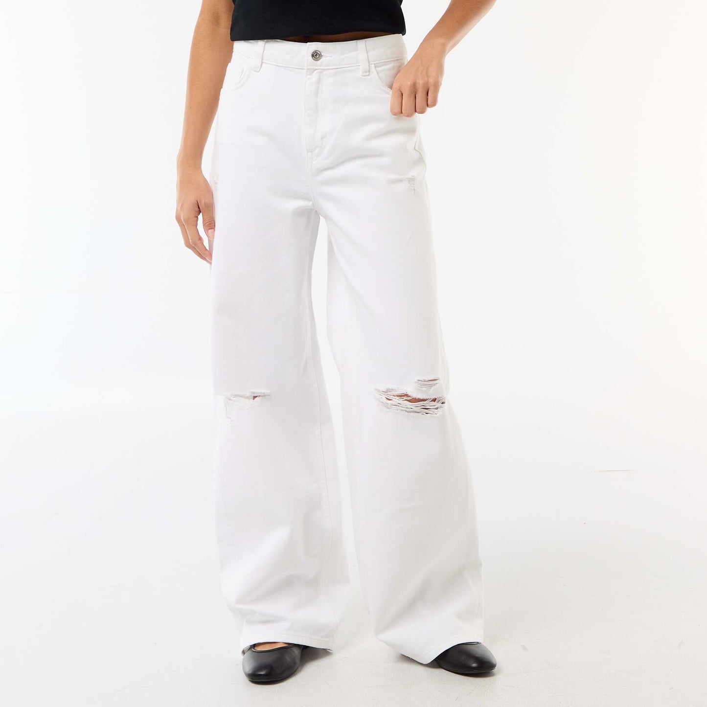 Pantalon wide leg destroy taille basse BLANC