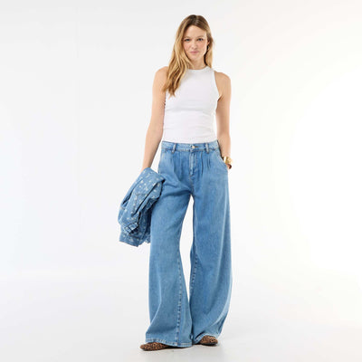 Jean palazzo à coupe large et taille haute BLEU