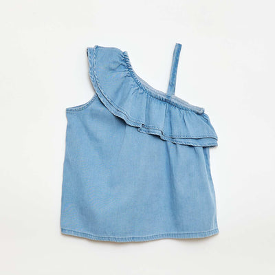 Top asymétrique à bretelles et col à volants BLEU