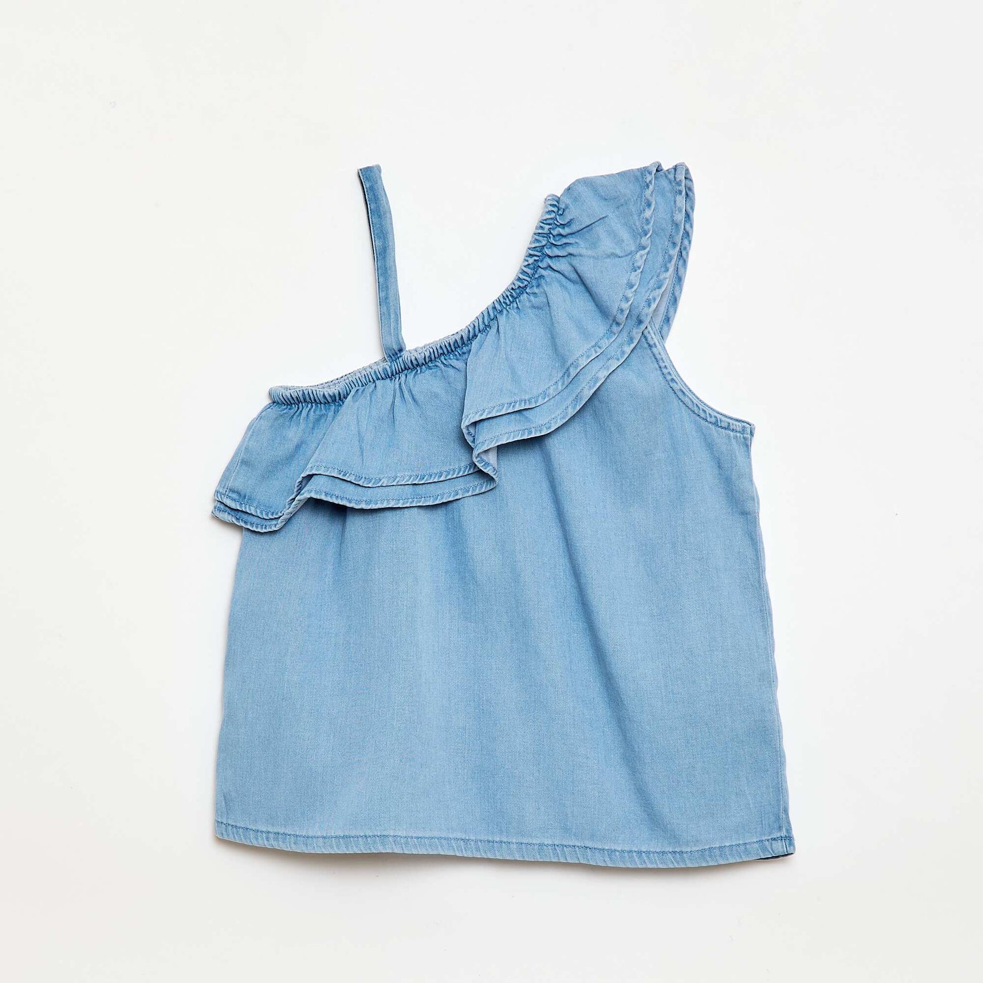 Top asymétrique à bretelles et col à volants BLEU