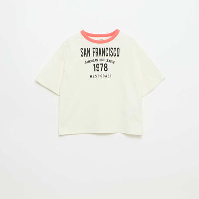 T-shirt imprimé fantaisie manches courtes avec biais contrastants BLANC