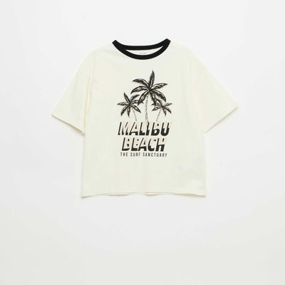 T-shirt imprimé fantaisie manches courtes avec biais contrastants BLANC