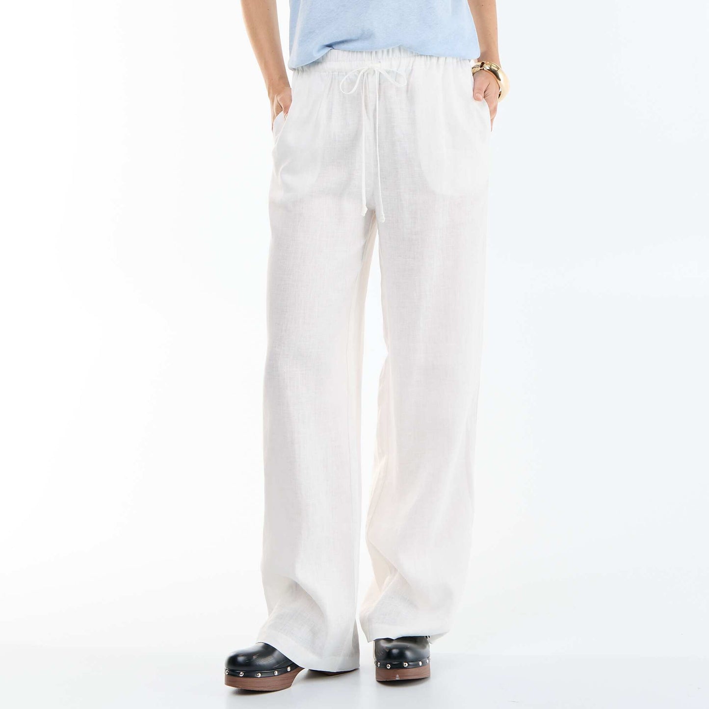 Pantalon large femme en 100% lin BLANC