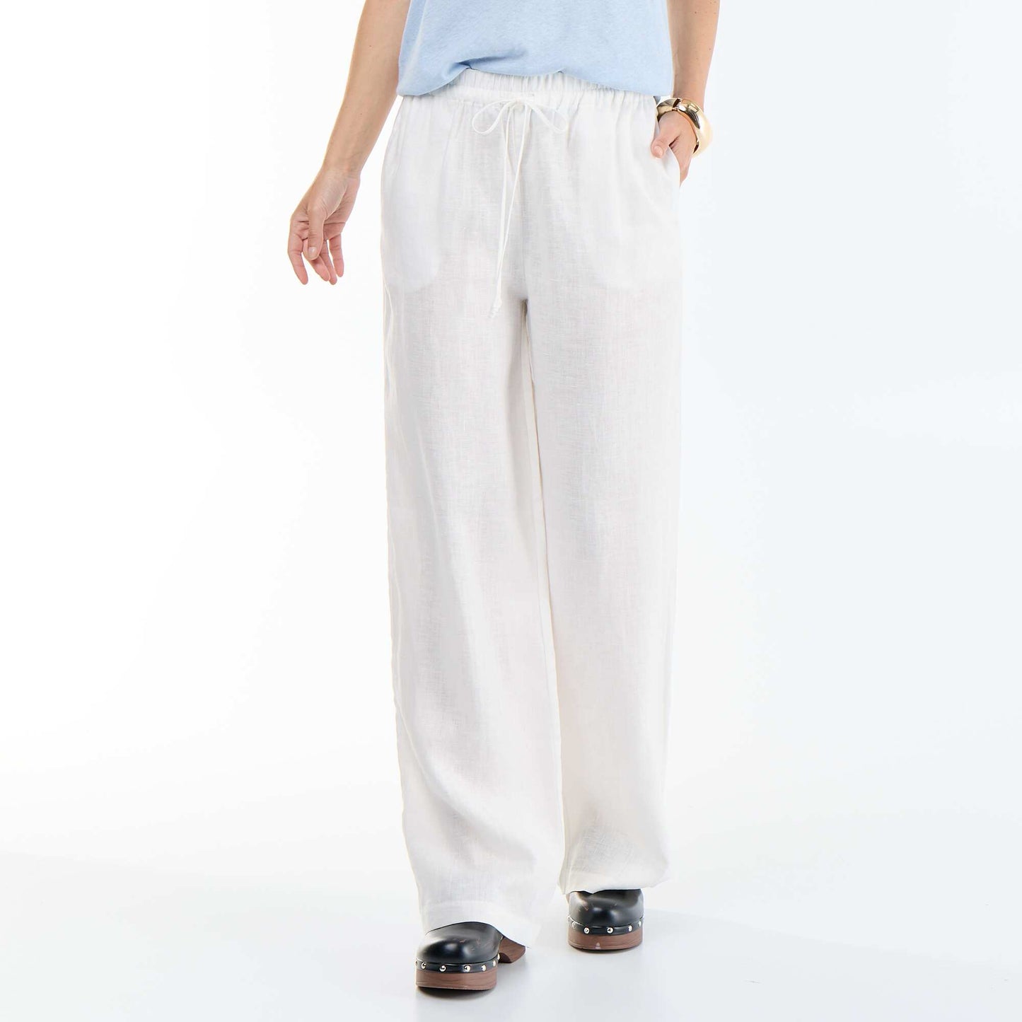 Pantalon large femme en 100% lin BLANC