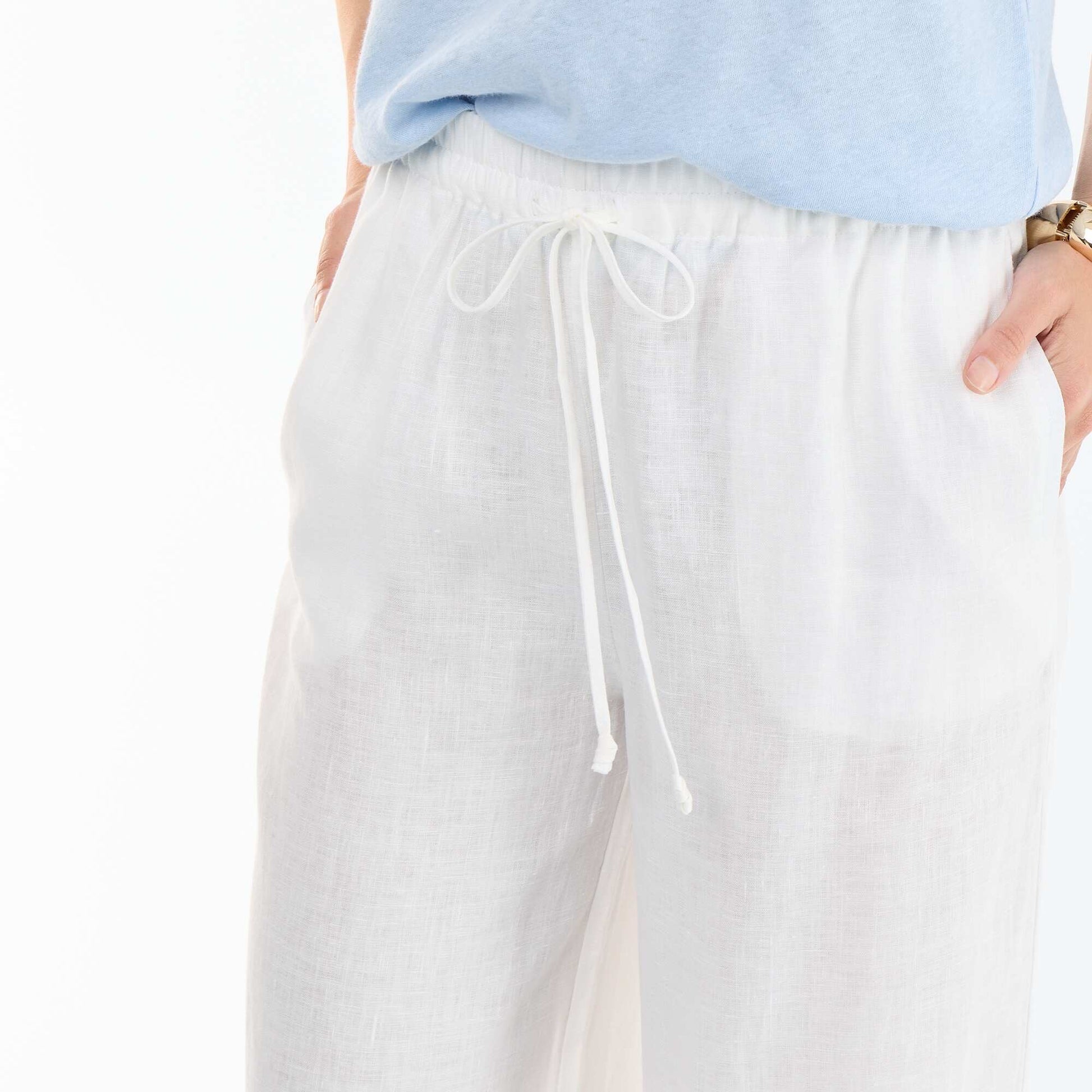 Pantalon large femme en 100% lin BLANC