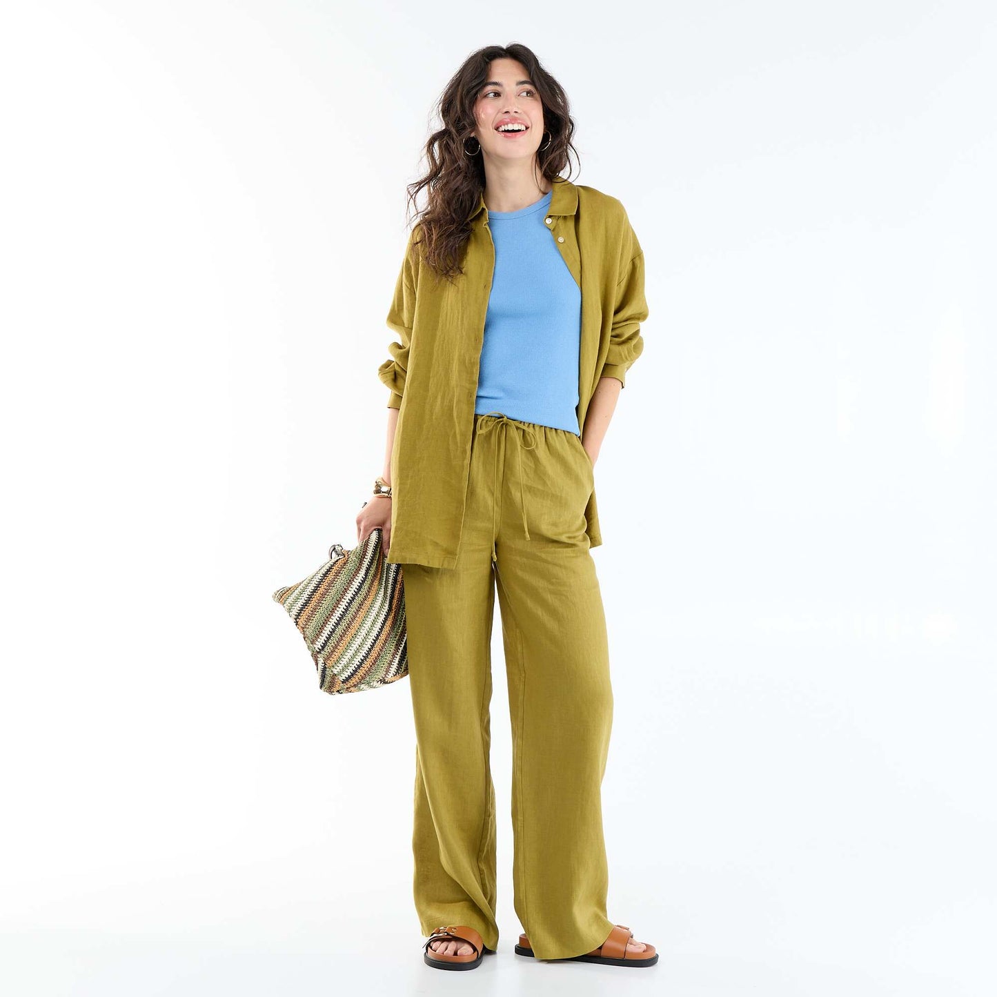 Pantalon large femme 100% lin taille élastiquée VERT