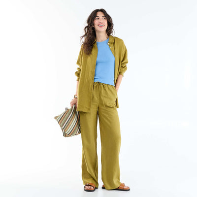 Pantalon large femme 100% lin taille élastiquée VERT